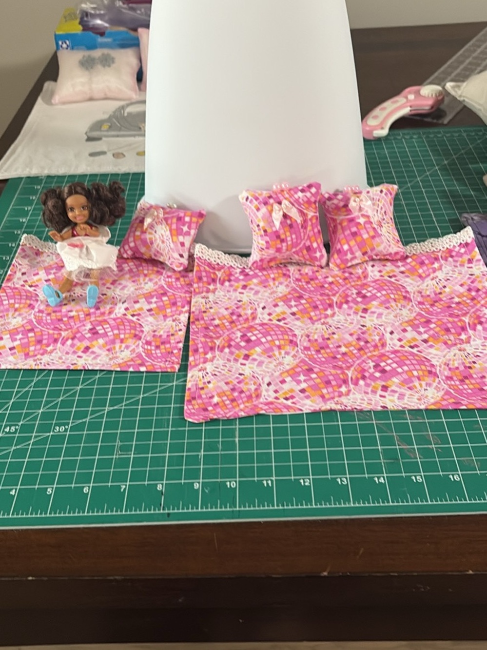 Pink Patterned Doll Bedding Set with Matching Pillows - Kids Doll Accessory